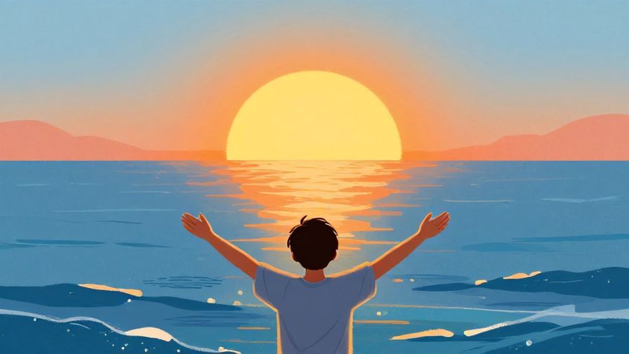 Illustration of a person looking at a vast ocean with arms open, accepting, bright sunrise, vibrant colors, illustrated style