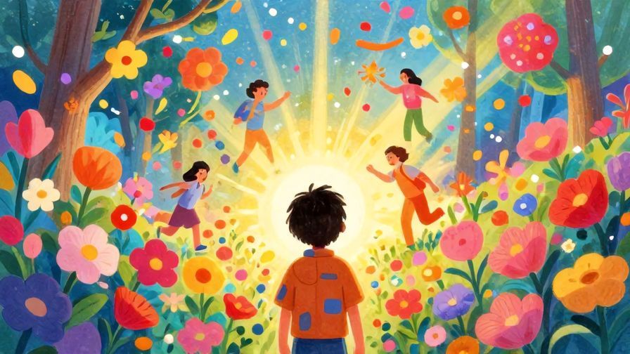 Illustration of a person looking at a vibrant, colorful world blooming around them as another person arrives, bright and magical atmosphere
