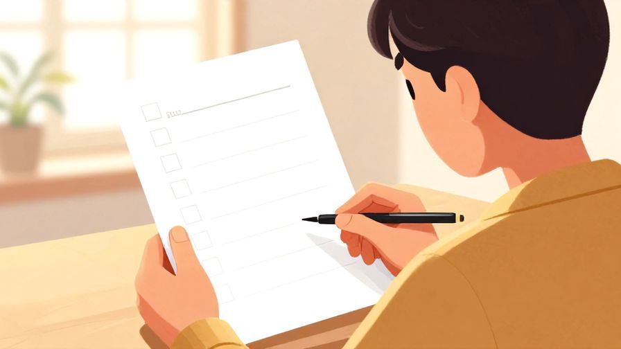 Illustration of a person looking at an empty checklist with a slight frown, bright indoor light, warm colors