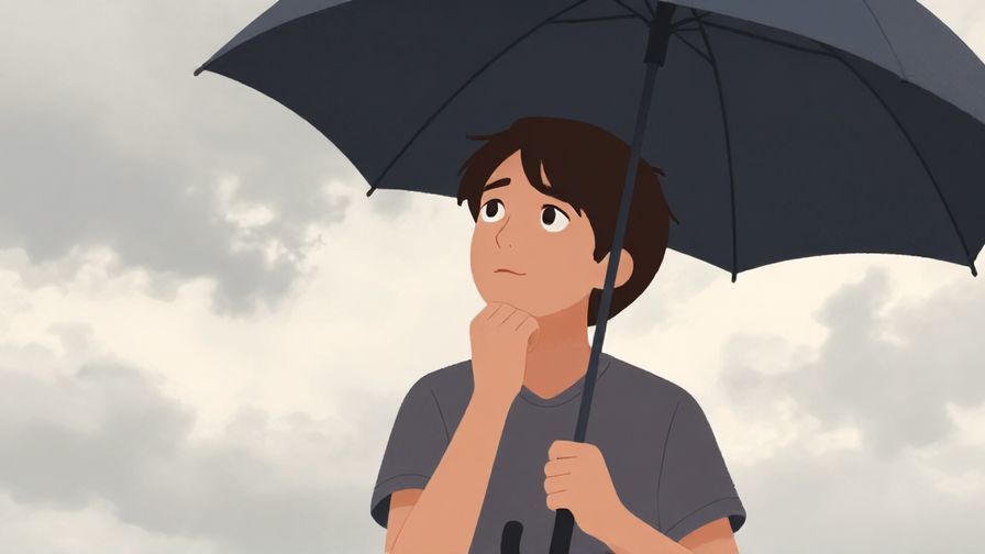 Illustration of a person looking at cloudy sky with a thoughtful face, holding a folded umbrella, soft muted colors