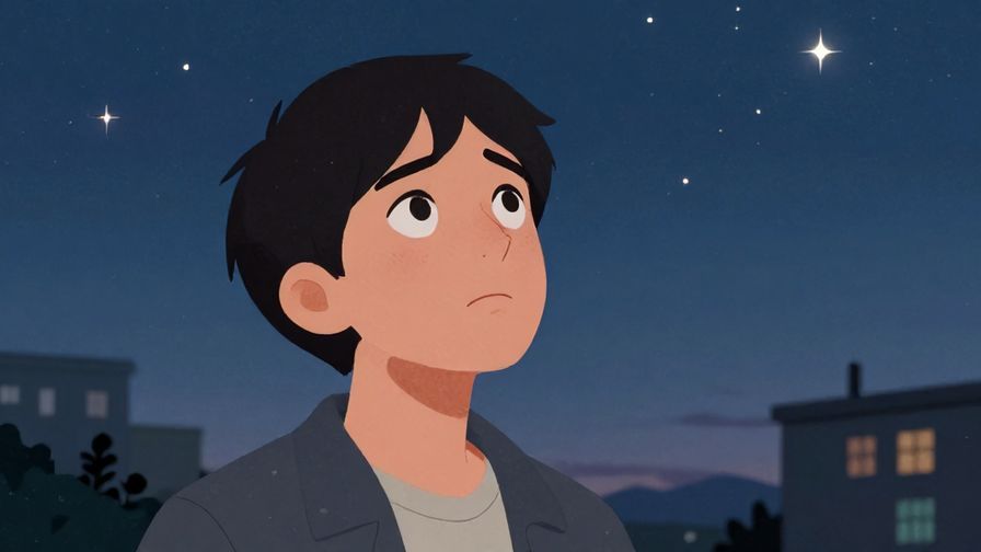 Illustration of a person looking at the sky with a frustrated and sad expression, evening setting with stars beginning to shine, detailed background, illustrated style