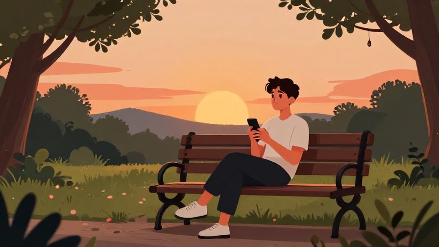 Illustration of a person looking at their phone expectantly, sitting on a bench in a park during sunset