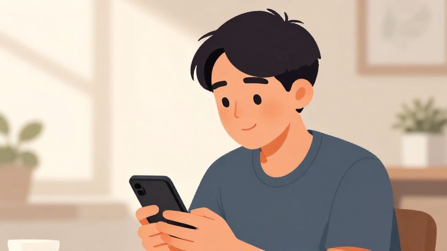 Illustration of a person looking at their phone expectantly with a slight smile, soft lighting, casual setting, illustrated style