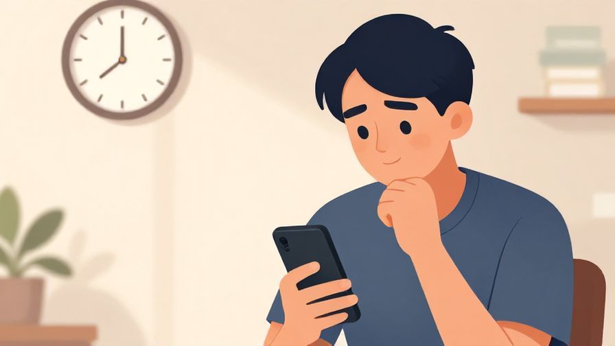 Illustration of a person looking at their phone with a thoughtful expression, indoors with soft lighting and a clock nearby