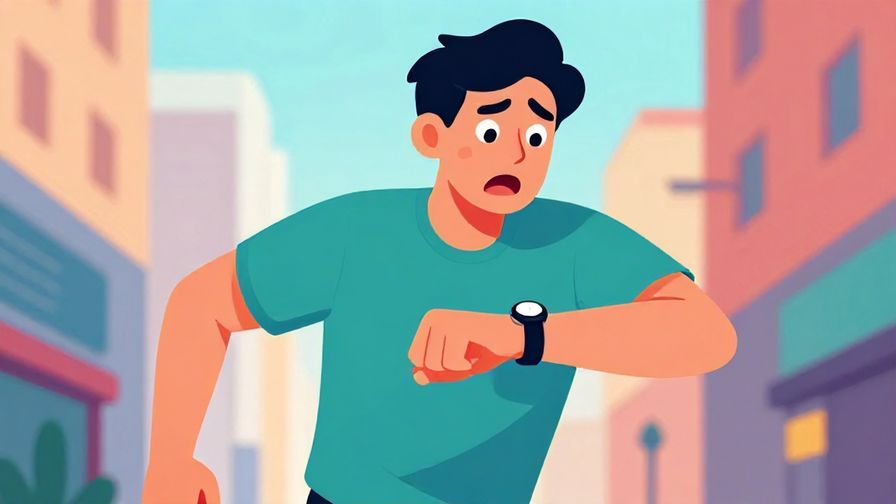 Illustration of a person looking at their watch in panic while running, urban background, vibrant colors