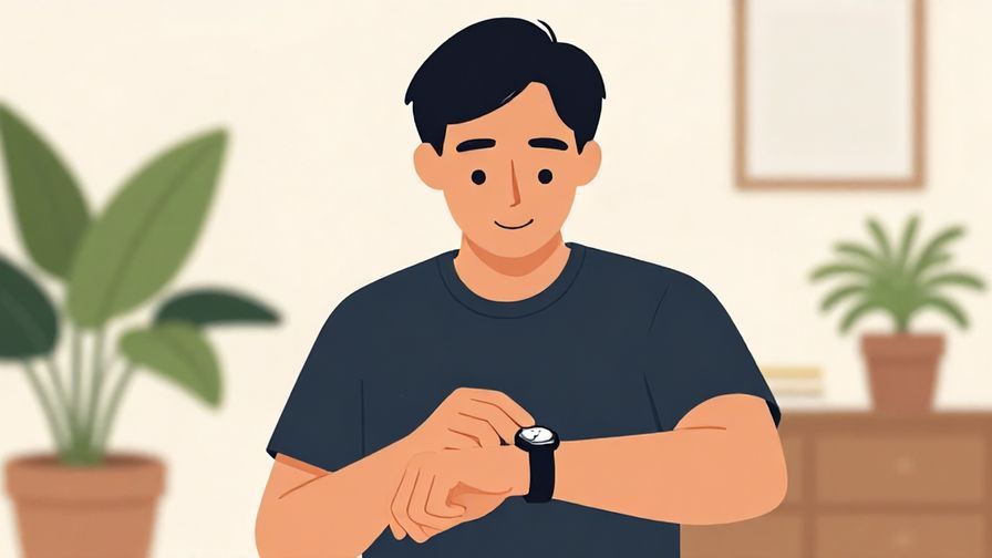 Illustration of a person looking at their watch with a slight smile, casual home setting with plants