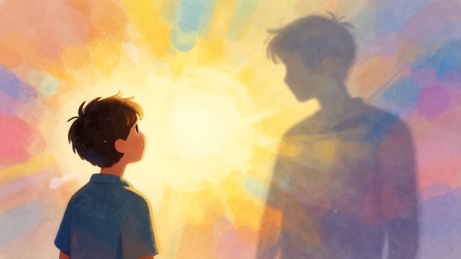 Illustration of a person looking back at a shadowy past self fading away, with a bright future ahead, vibrant colors and soft textures