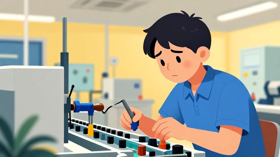 Illustration of a person looking carefully at an assembly line with a concerned expression, factory background, bright colors