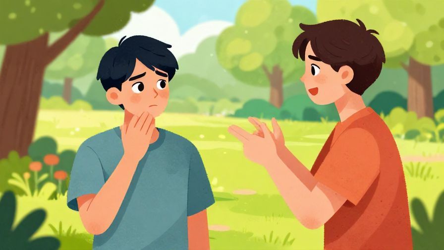 Illustration of a person looking confused while another playfully warns them, bright park background, vibrant colors, illustrated style