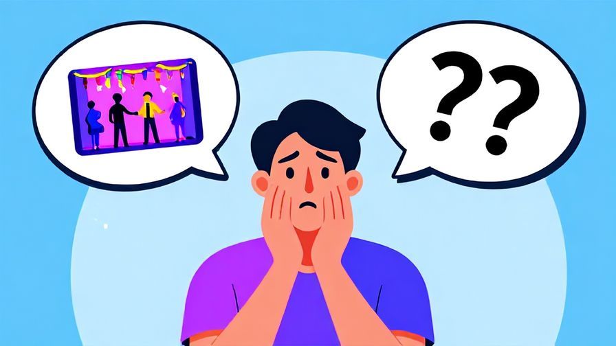 Illustration of a person looking confused with thought bubbles showing a party scene and question marks, vibrant colors