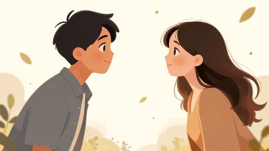 Illustration of a person looking content and joyful simply because another person is nearby, surrounded by soft light and floating leaves