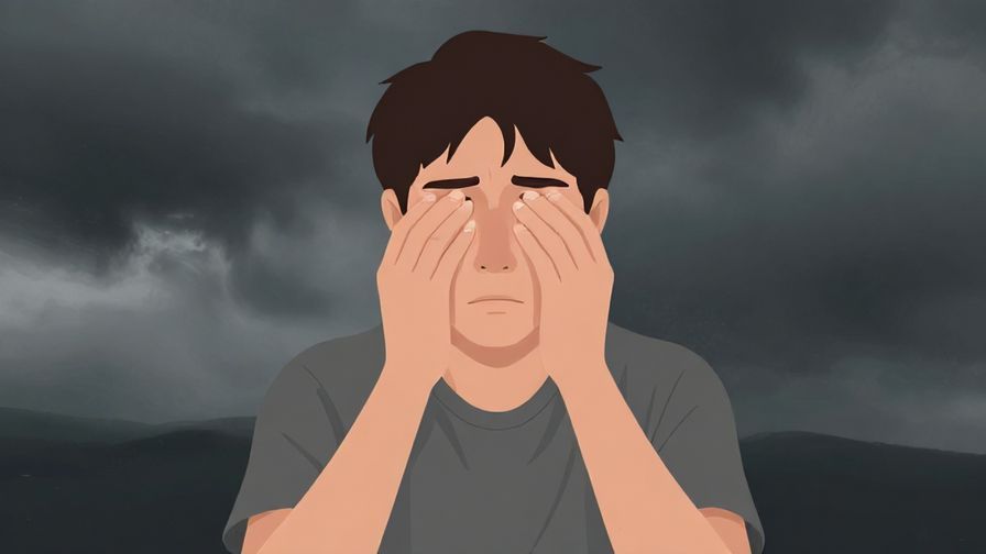 Illustration of a person looking determined but tired, with a faint stormy background, muted colors