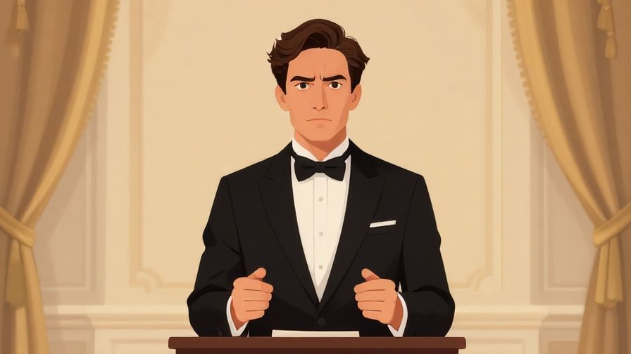 Illustration of a person looking determined while finishing a formal speech, elegant setting