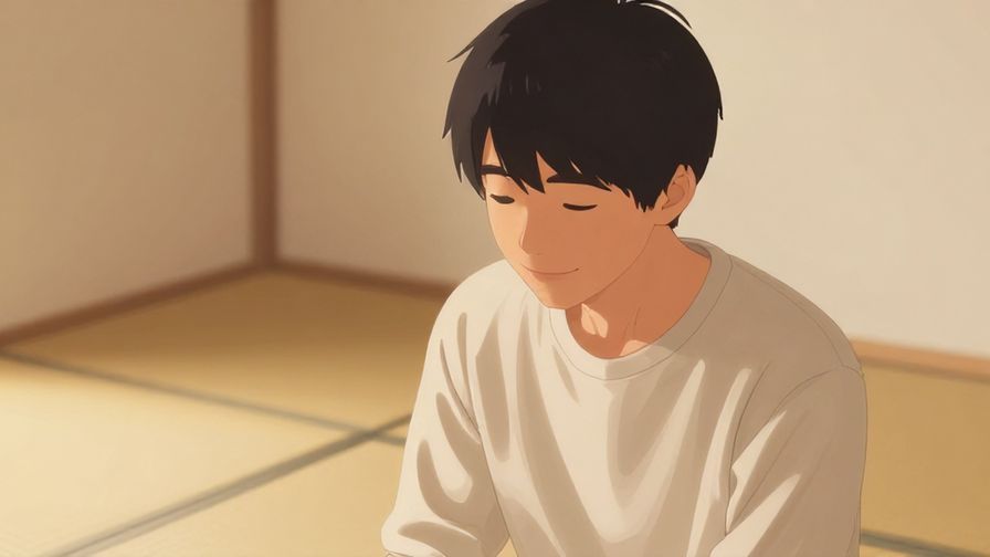 Illustration of a person looking down shyly with a warm smile, soft indoor lighting with tatami mats