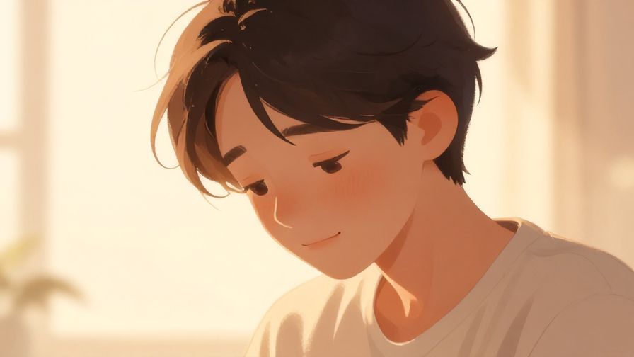 Illustration of a person looking down with a gentle yet regretful smile, soft warm background with glowing light