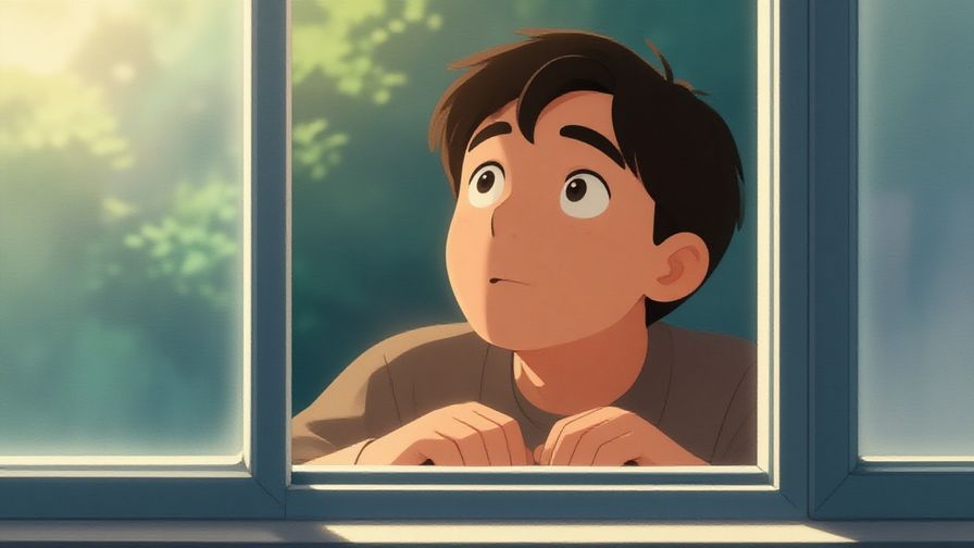 Illustration of a person looking eagerly out a window, bright morning light, hopeful expression
