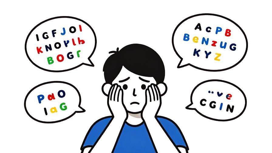Illustration of a person looking embarrassed with speech bubbles filled with jumbled letters and symbols, colorful and humorous style