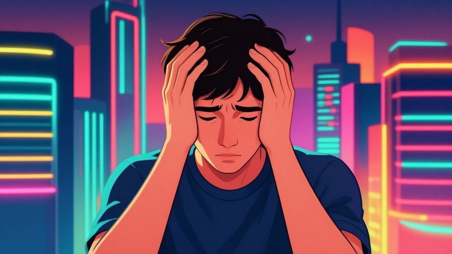 Illustration of a person looking exhausted with hands on their head, neon city background, vibrant youthful colors