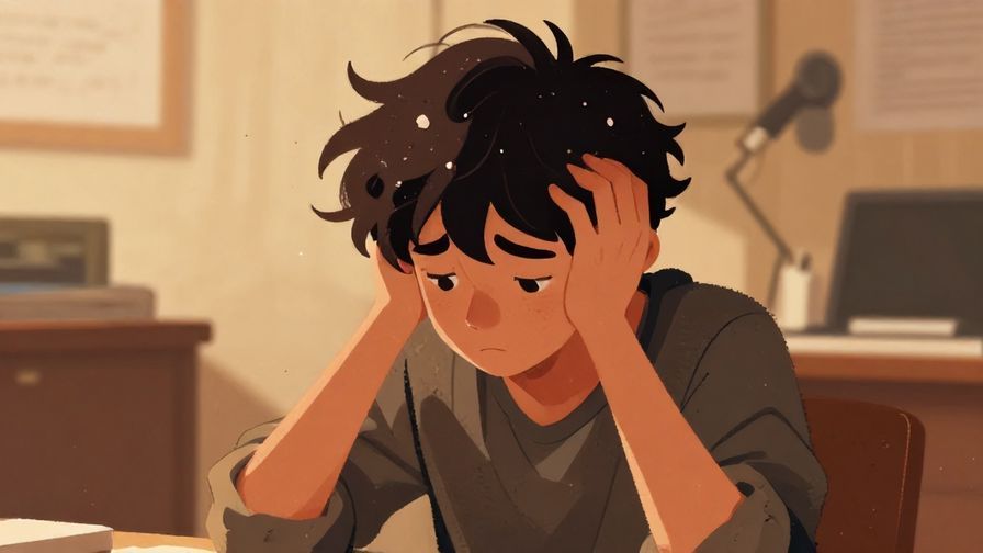 Illustration of a person looking exhausted with messy hair and crumpled clothes, messy room background, warm colors, illustrated style