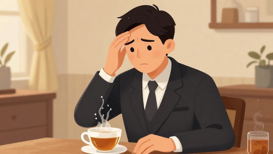 Illustration of a person looking frustrated at a spilling cup of tea, formal indoor setting, subtle warm lighting, illustrated style