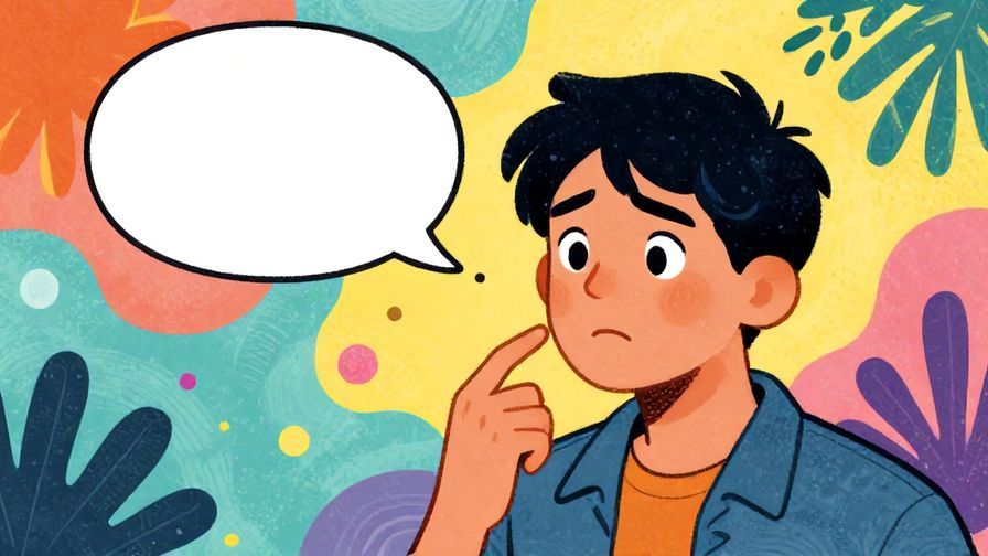 Illustration of a person looking hesitant with a small speech bubble trailing off, detailed background, vibrant colors, illustrated style