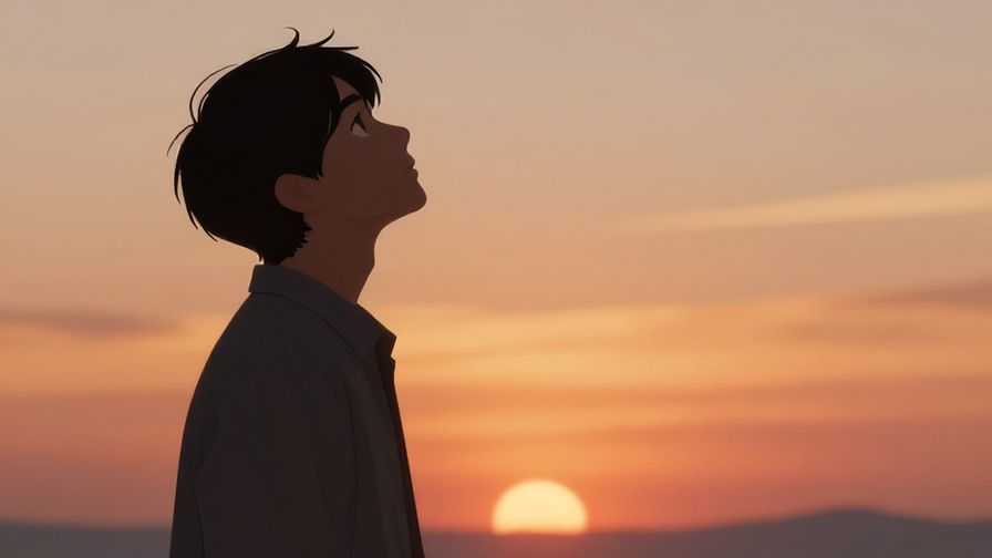 Illustration of a person looking hopeful at a sunset horizon, soft glowing light, symbolizing certainty and hopeful destiny