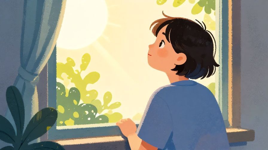 Illustration of a person looking hopeful out a window with soft sunlight, symbolizing desire and hope to keep living, vibrant colors, illustrated style
