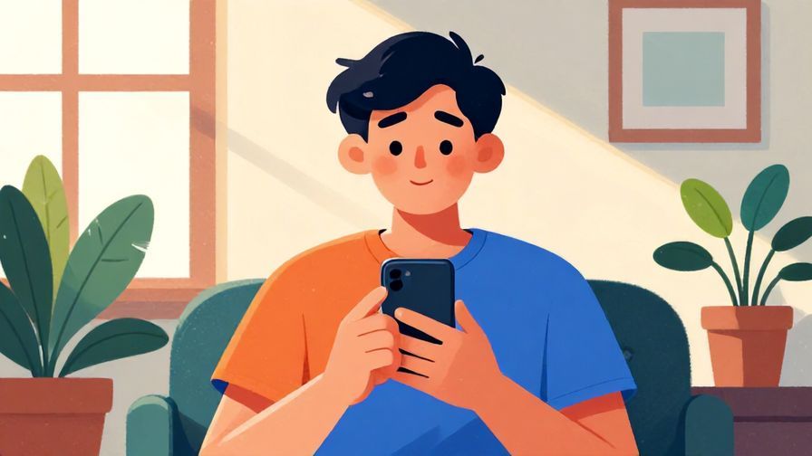 Illustration of a person looking hopeful while holding a phone, sunlit room with plants, vibrant colors, illustrated style