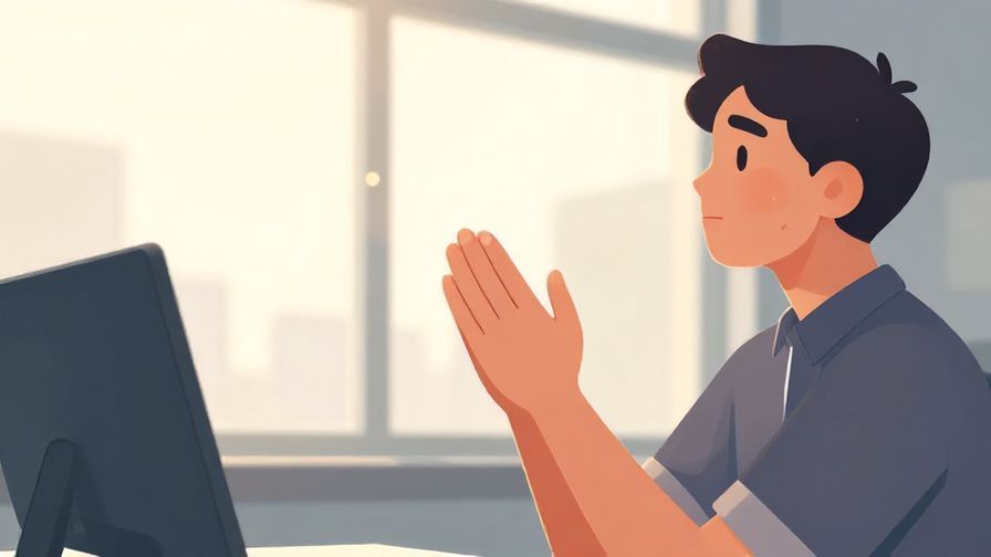 Illustration of a person looking hopeful with hands gently clasped, soft sunlight filtering through office windows