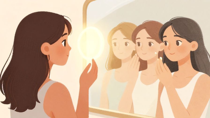 Illustration of a person looking in a mirror and seeing a glowing, renewed version of themselves, soft colors, illustrated style