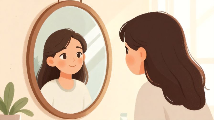 Illustration of a person looking in a mirror with a gentle smile, surrounded by soft pastel tones and morning sun rays