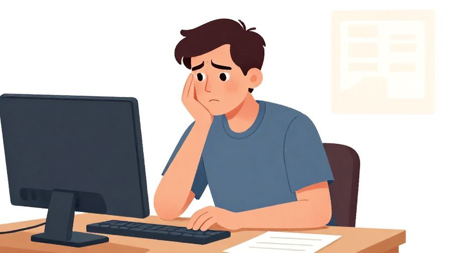 Illustration of a person looking mildly frustrated while working at a desk, soft lighting, polite tone, illustrated style