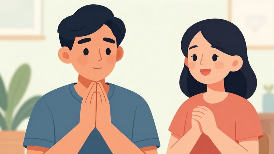 Illustration of a person looking modest with hands folded, while another character smiles warmly, bright and inviting background