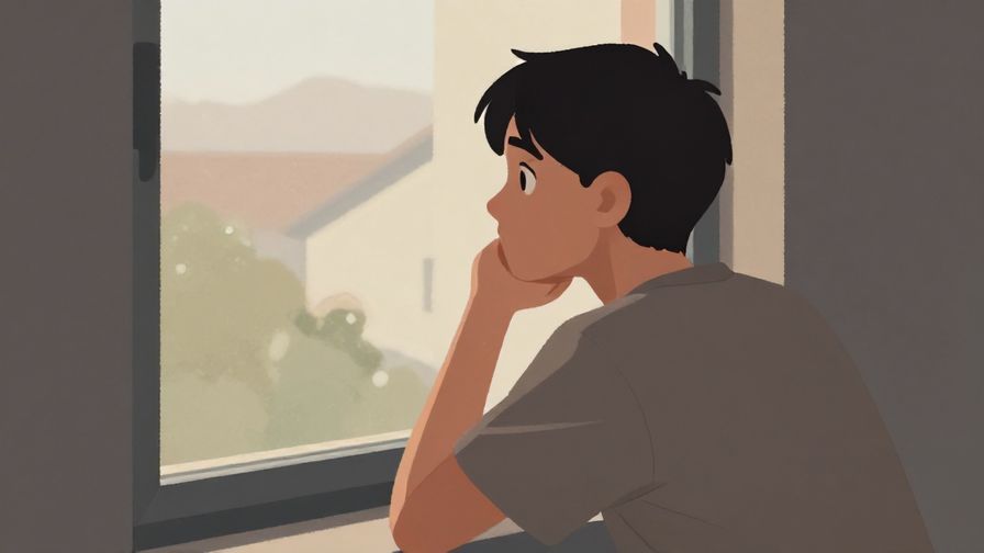 Illustration of a person looking out a window thoughtfully, muted colors with soft light, calm indoor setting