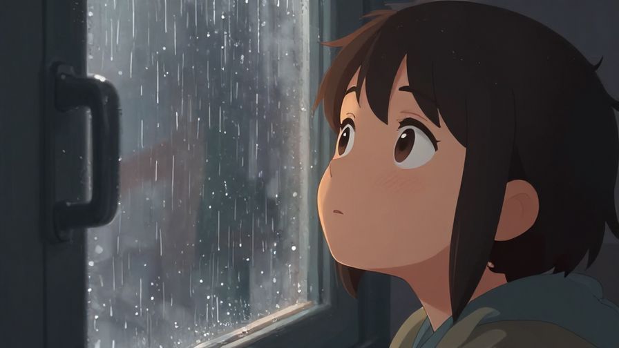 Illustration of a person looking out a window with hopeful eyes, soft rain outside, moody warm lighting
