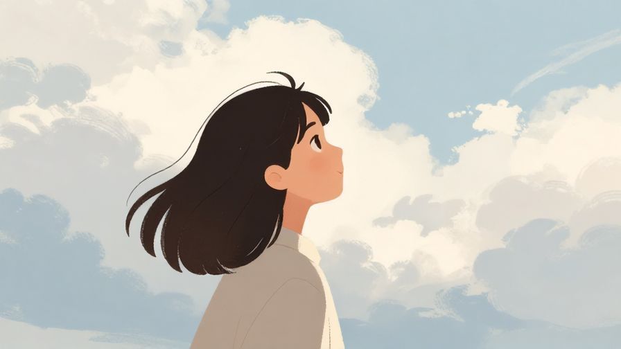 Illustration of a person looking out at a cloudy sky, soft colors, natural outdoor setting, gentle mood, illustrated style