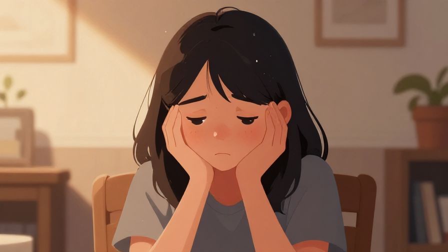 Illustration of a person looking reflective and slightly sad, eyes downcast, in a softly lit room with cozy details