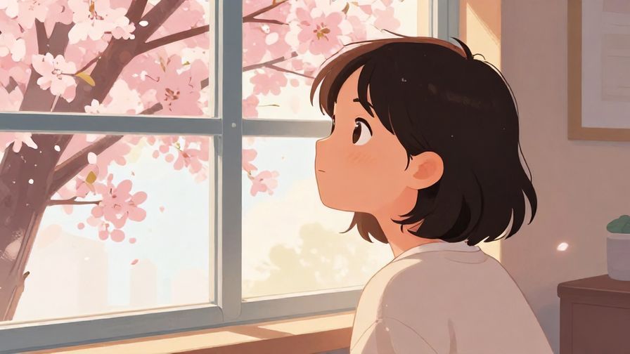 Illustration of a person looking reflective in a softly lit room, cherry blossoms visible through a window, detailed background, vibrant colors, illustrated style