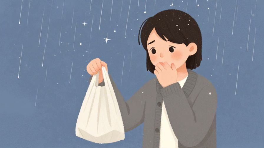 Illustration of a person looking regretful while holding an empty bag under a rainy sky, soft dots and stars in the background adding gentle mood