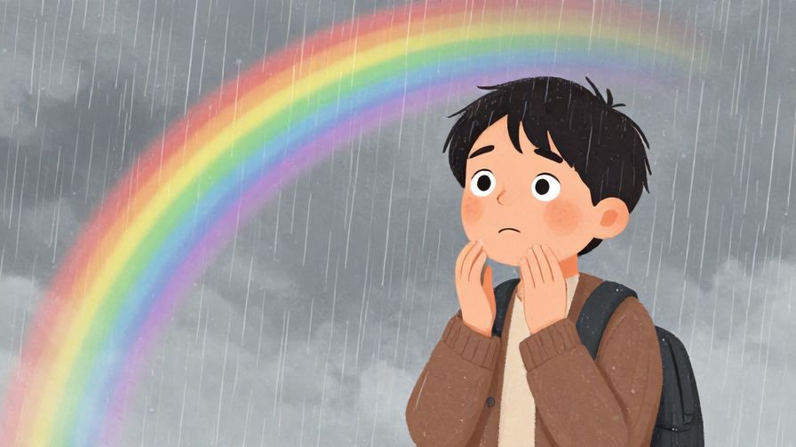 Illustration of a person looking relieved despite a rainy day, with a small rainbow appearing in the background, hopeful and warm tones