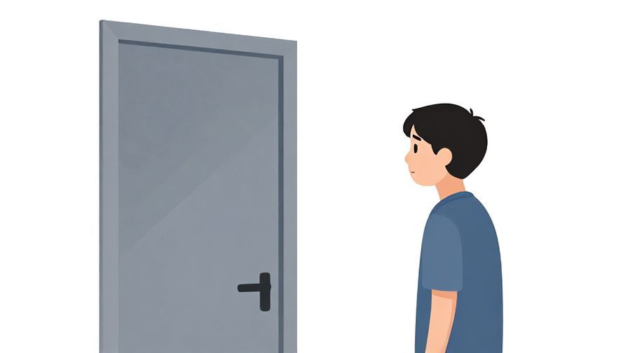 Illustration of a person looking sadly at a closed door, symbolic background with soft shadows