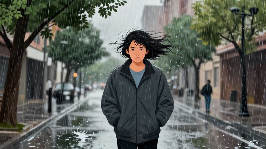 Illustration of a person looking serious while rain pours heavily around, with wind blowing trees and splashing puddles on a city street
