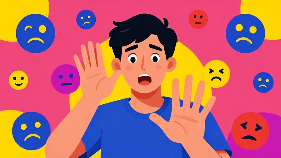 Illustration of a person looking shocked with a hand gesture to stop, vibrant background with unlucky symbols