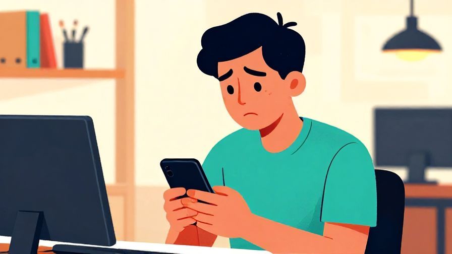 Illustration of a person looking slightly concerned, holding a phone, office background, vibrant colors, illustrated style