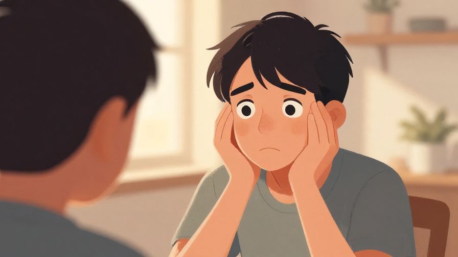 Illustration of a person looking slightly frustrated but caring, indoors with soft lighting, illustrated style