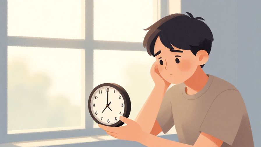 Illustration of a person looking slightly regretful while checking a clock, soft morning light through a window, calm colors