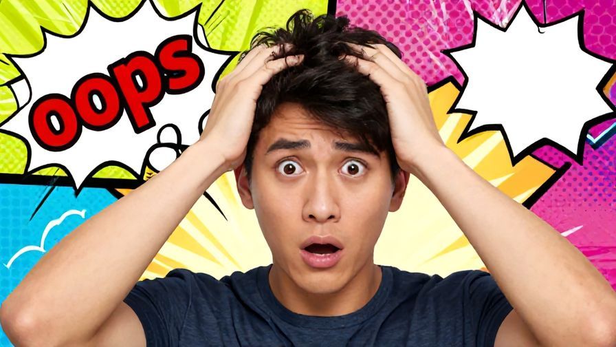 Illustration of a person looking surprised and slightly embarrassed with hands on their head, colorful background with comic style “oops” vibe