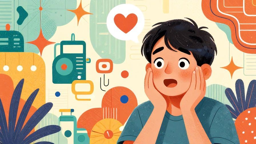 Illustration of a person looking surprised and smiling, with a heart symbol above, detailed background, vibrant colors, illustrated style