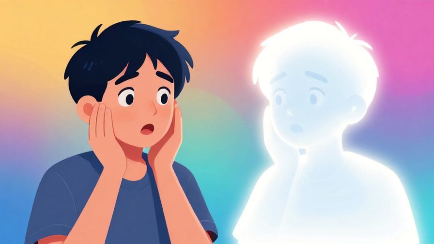 Illustration of a person looking surprised at their reflection, with a glowing silhouette beside them, colorful background