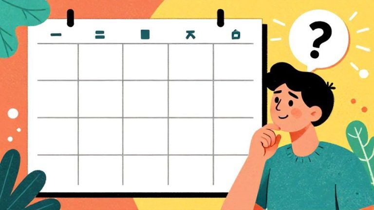 Illustration of a person looking thoughtfully at a blank grid representing a schedule, with a question mark above their head, detailed background, vibrant colors, illustrated style